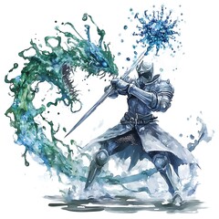 Wall Mural - Watercolor Illustration of a Knight Battling a Watery Monster.