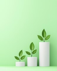 Wall Mural - Three potted plants with green leaves display growth progress on a soft green background, symbolizing nature and sustainability.