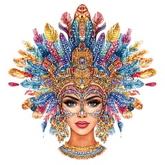 Poster - Watercolor Illustration of a Woman with a Beautiful Feather Headpiece.