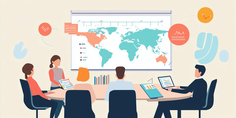 vector illustration of a company presentation. office work. world map in the background. business work. work colleagues. laptop presentation . discussion between work colleagues