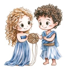 Canvas Print - Watercolor Illustration of a Young Girl and Boy Playing with Yarn.