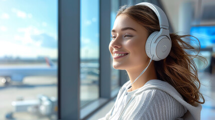 Wall Mural - Portrait of young woman in white wireless headphones getting ready to travel while standing at the airport and enjoying the view through the panoramic airport window. Vacation and relaxation concept.