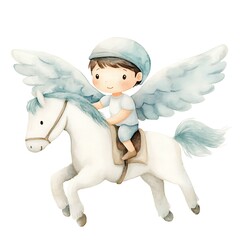 Poster - Watercolor Illustration of a Boy with Angel Wings Riding a White Horse.