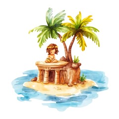 Sticker - Watercolor Illustration of a Girl Reading on a Tropical Island.