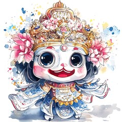 Poster - Watercolor Illustration of a Cute Cartoon Deity with a Crown and Flower Decor.