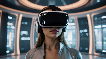 female wears a VR headset in futuristic designed room