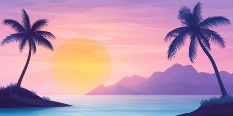 painting of beach with palm tree and sunset background