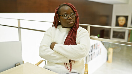 Poster - A contemplative african woman with braids wearing glasses sits in an office, arms crossed, amidst a serene workplace setting.