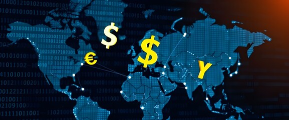 A global map in the background with a web of binary code connecting different points.