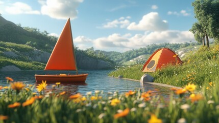 A small orange sailboat is floating on a lake next to a small orange tent