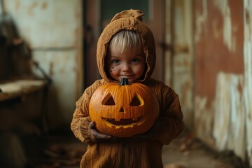 a child in Halloween clothes holds a pumpkin in his hands