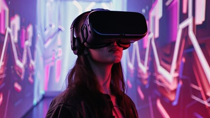 Poster - A user experiences a captivating virtual reality adventure while wearing a headset, surrounded by colorful neon lights and dynamic patterns in an arcade environment.