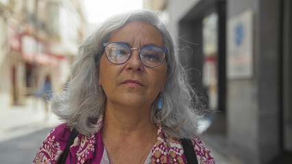 Canvas Print - Woman standing outdoors in town with grey hair and glasses