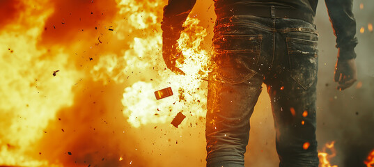 The phone explodes in pocket, emitting a bright flash and flames. Jeans and phone start to melt