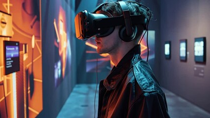 Poster - A visitor engages with a virtual reality headset in an art gallery, experiencing a digital art installation while surrounded by vibrant visual displays.