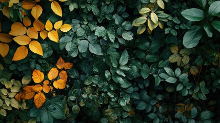 Wall Mural - Greenery, leaves, nature, foliage, background, forest, vibrant colors, botanical elements, close up A beautiful mixture of green and yellow leaves creates a soothing atmosphere