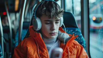 Wall Mural - A young guy listens to music on headphones while sitting on a bus.