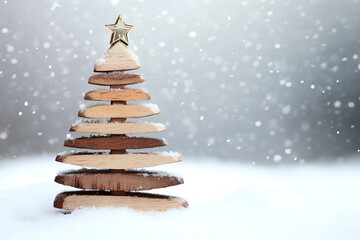 Wall Mural - Decorative Wooden Christmas tree on a snow background