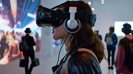 Poster - In a vibrant exhibition space, a young individual experiences virtual reality with a headset and headphones, immersing in a captivating digital environment alongside others.