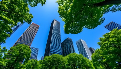 Wall Mural - Urban landscape showcasing towering buildings amidst vibrant green trees under a bright blue sky, embodying natures harmony with modern life.