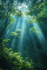 Canvas Print - Sunlight Rays Through Lush Green Forest Canopy