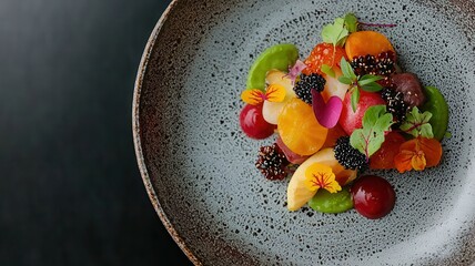 A vibrant fruit salad adorned with fresh flowers, showcasing a colorful array of seasonal ingredients on a textured plate.