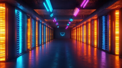 Poster - A neon lit server room. The room is filled with neon lights and has a futuristic feel to it