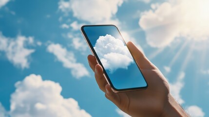 Poster - A hand holding a cell phone with a cloud in the background
