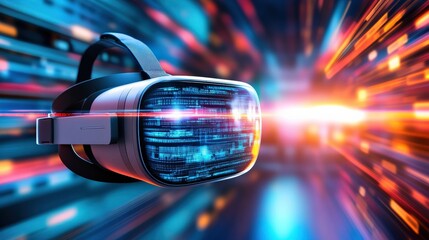 Poster - A white virtual reality headset is flying through a colorful, swirling background. The headset is surrounded by a bright, glowing light that seems to be emanating from it. The scene is dynamic
