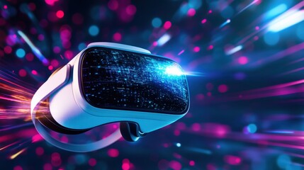 Poster - A white virtual reality headset is flying through a colorful