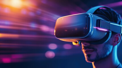 Poster - A man wearing a virtual reality headset is looking at a blurry image