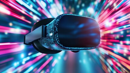 Poster - A white virtual reality headset is flying through a colorful, swirling background. The headset is surrounded by a bright, glowing light that seems to be emanating from it. The scene is dynamic