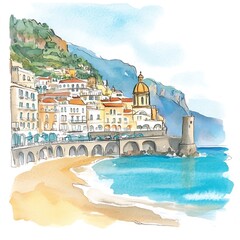 Canvas Print - Watercolor Illustration of a Picturesque Coastal Town with a Church and a Beach.