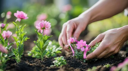 Hands Planting Vibrant Pink Flowers in the Garden