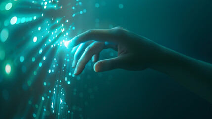 Wall Mural - Close-up of a human hand touching a virtual glowing digital screen on a blue background. Concept of technology, future.