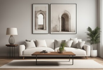 Grunge old accent coffee table near white sofa against arched window and white wall with big art poster frame. Minimalist, art deco interior design of modern living room, home 300dpi