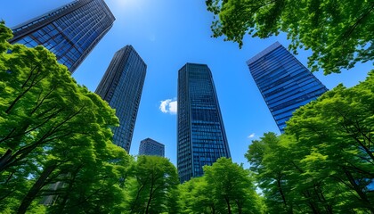 Wall Mural - Urban landscape showcasing towering buildings amidst vibrant green trees under a bright blue sky, embodying natures harmony with modern life.