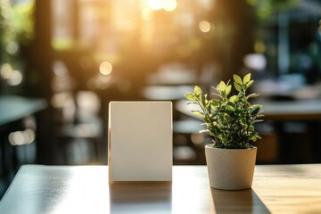 A minimalist restaurant table with a blank menu tent card and a small potted plant