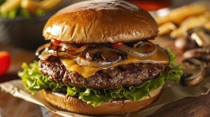 juicy cheeseburger with grilled onions and mushrooms