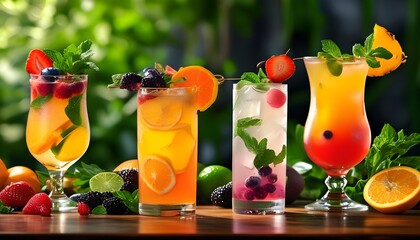 Wall Mural - Colorful array of summer cocktails adorned with fresh fruits and herbs, ideal for festive gatherings and refreshing celebrations