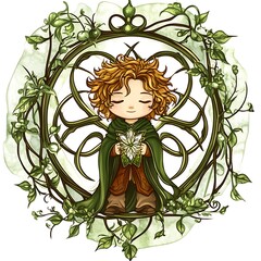 Sticker - Young Boy Holding a White Flower in a Green Vines Frame.