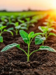 Close-up of young plant seedlings growing in soil with sunlight in the background, representing sustainable agriculture and growth.