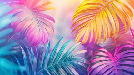 Vibrant tropical palm leaves in bright neon colors of pink, yellow and blue. Abstract floral background