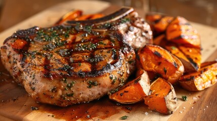 Juicy grilled pork chops with roasted sweet potatoes