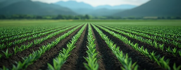 Vibrant rows of young crops in a fertile field, with mountains in the background under a clear sky in a serene landscape.