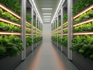 Indoor vertical hydroponic farming with thriving leafy greens. Modern agriculture technology innovation for sustainable crop production.