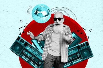 Wall Mural - Composite photo collage of funky old man dance friday music party event retro occasion cassette boombox isolated on painted background