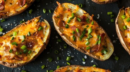 Loaded potato skins with melted cheese and chives