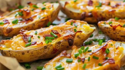 Loaded potato skins with melted cheese and chives