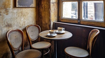 Wall Mural - A small, cozy cafe table with two cups of coffee and three chairs by a window.